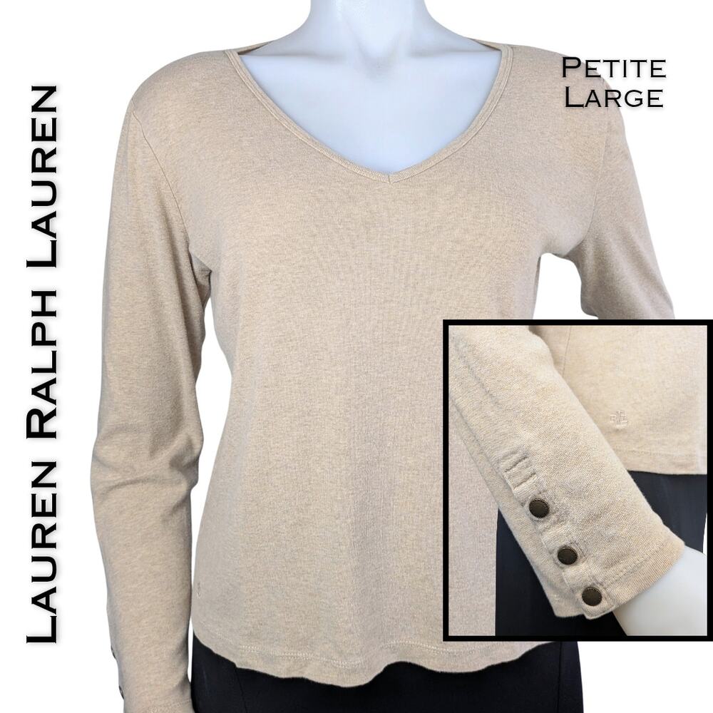 Lauren Ralph Lauren Top Petite Large Beige V Neck Brass Button Cuff Long Sleeve